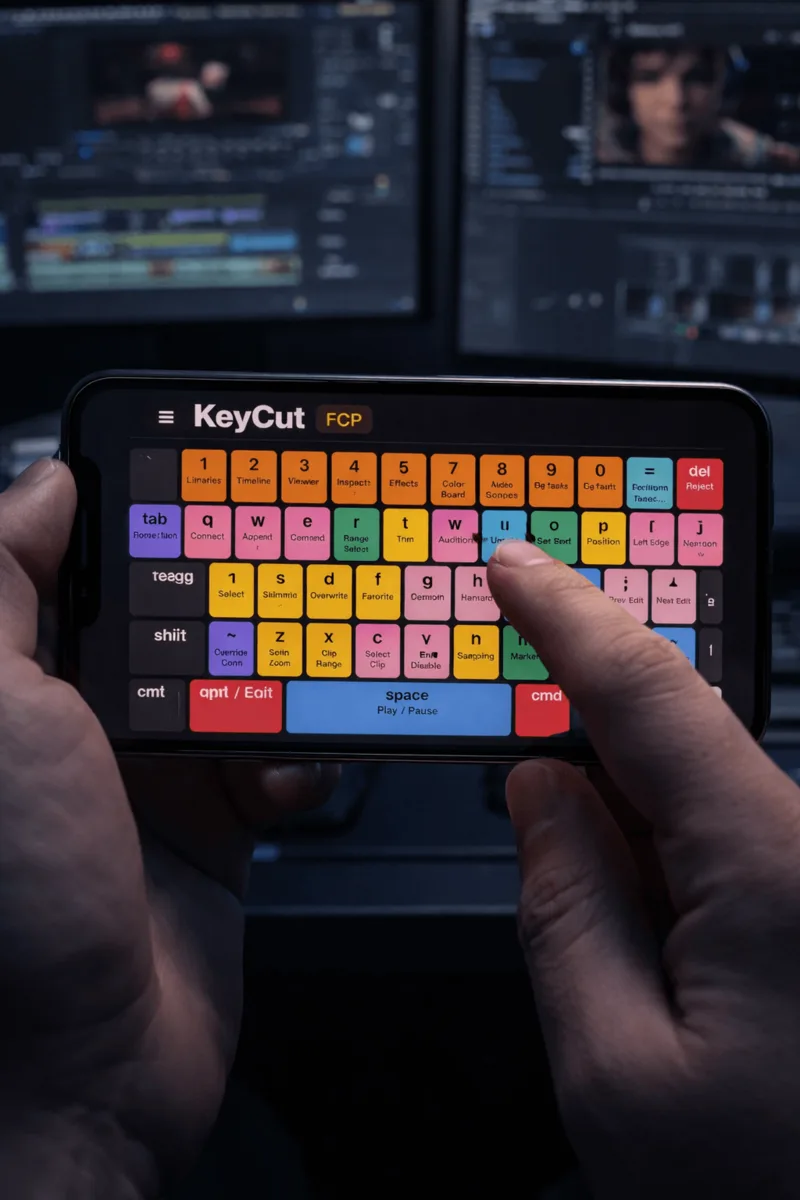 KeyCut showing colour-coded editing shortcuts on iPhone in a dark video editing studio